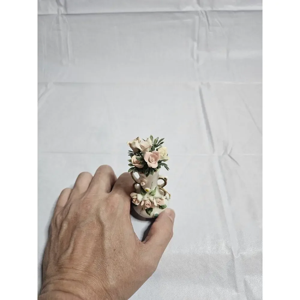 Vintage Miniature Porcelain Bud Vase Applied Pink Roses Floral Figurine Decor